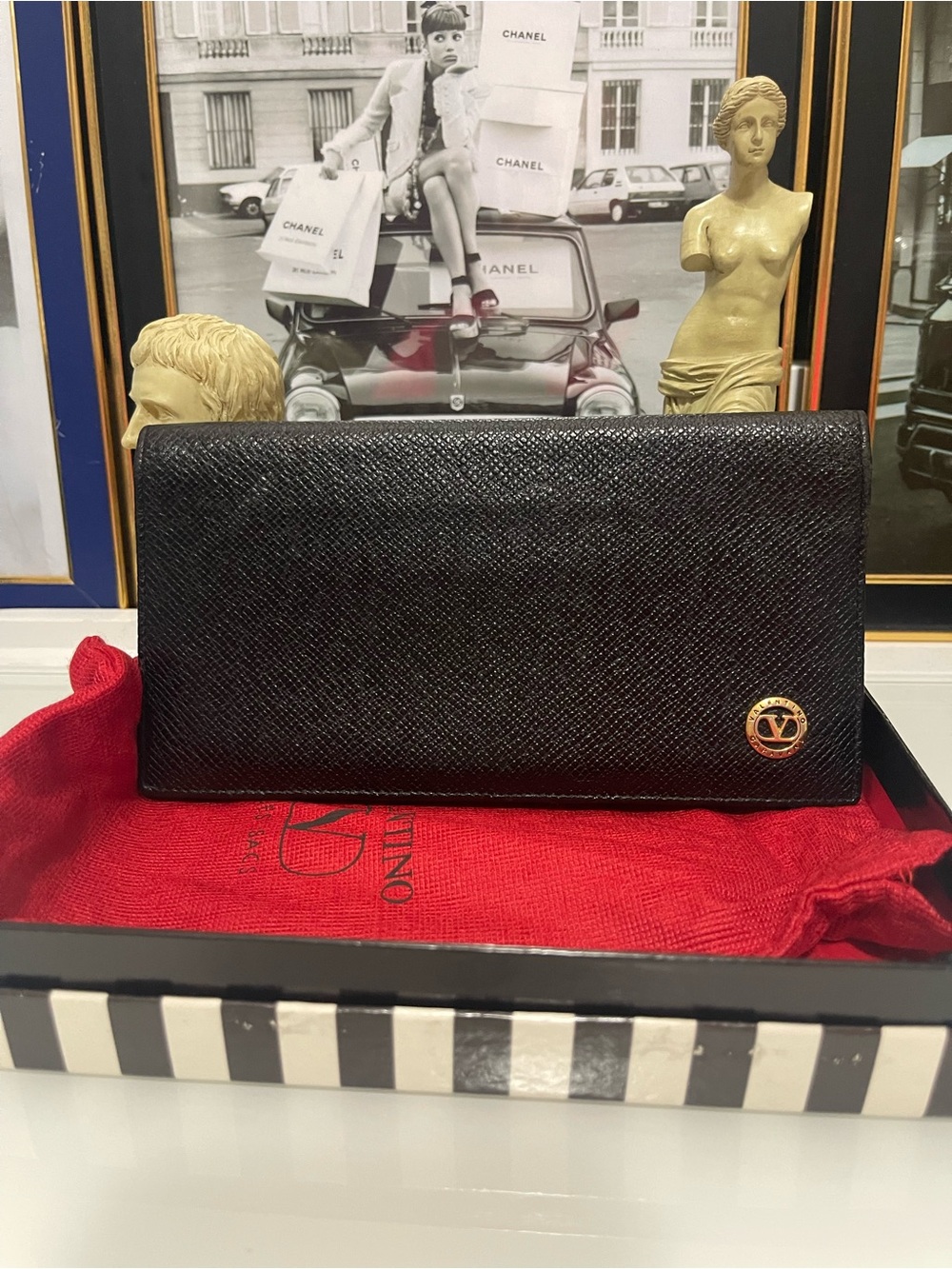 Authentic Valentino Black Leather Continental Wallet with Gold Logo,box,dust bag